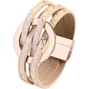 Gold Charm Leather Wrap Strand Bracelet Handmade Cuff Bracelets for Women